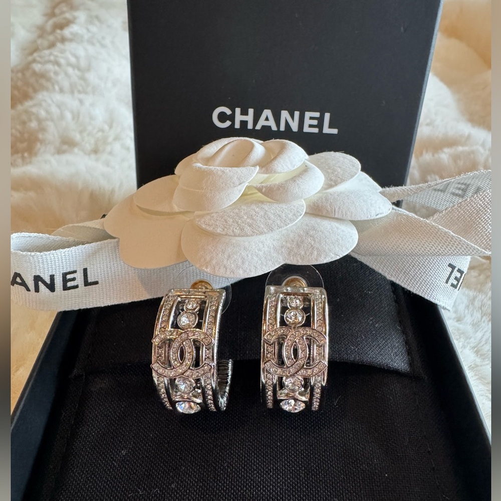 Chanel Silver & Crystal Hoop Earrings BNIB